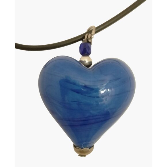 Blue Art Glass Heart Necklace Beaded Silver Tone - Picture 1 of 5